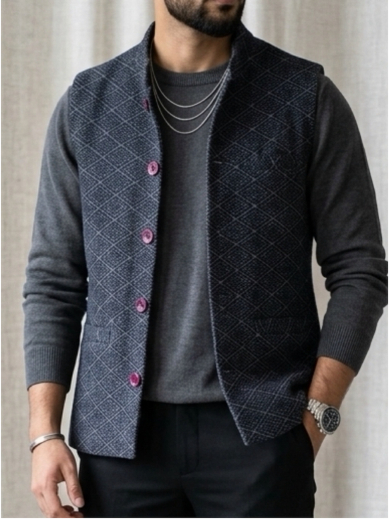 JoJo Club Other - VTG JoJo Club Geometric Nehru Vest L Navy Blue Tweed Sleeveless Jacket Men 2028